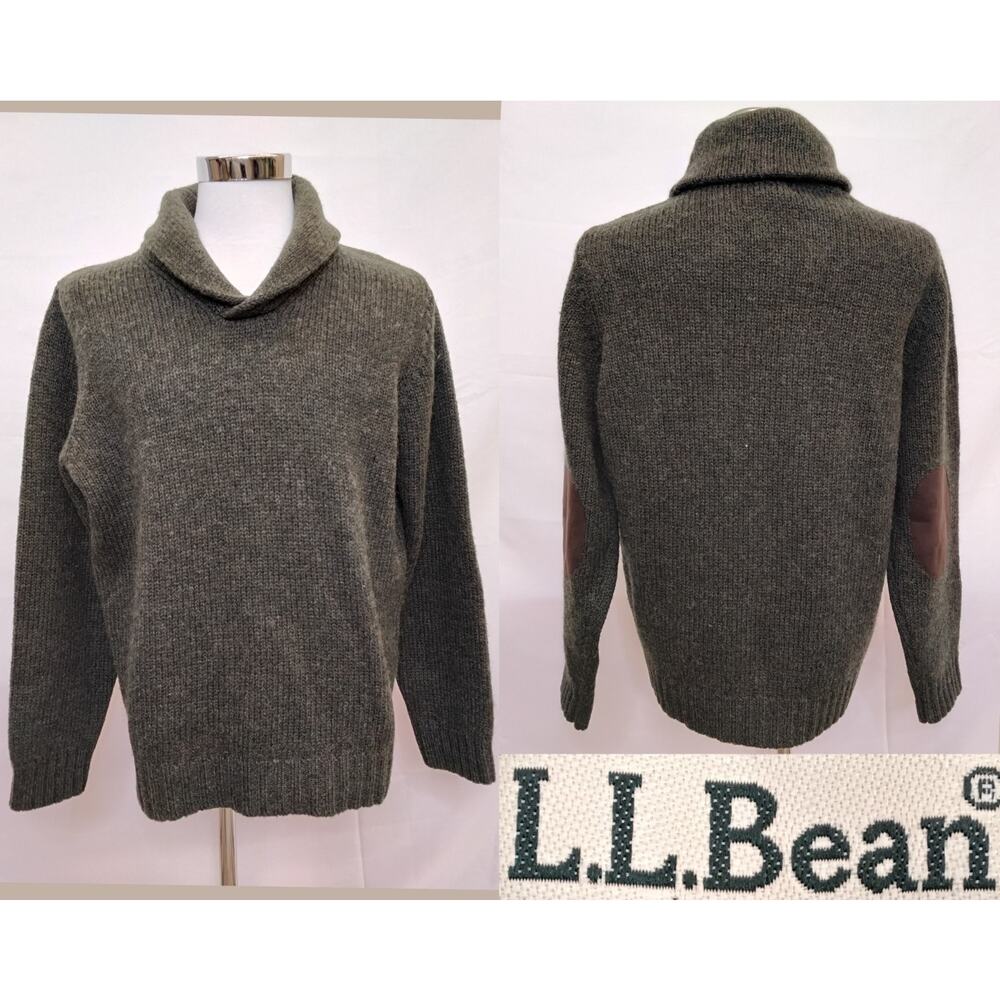 L.L. Bean Shetland Wool Sweater Men's L Green Elbow Patches #Z5339